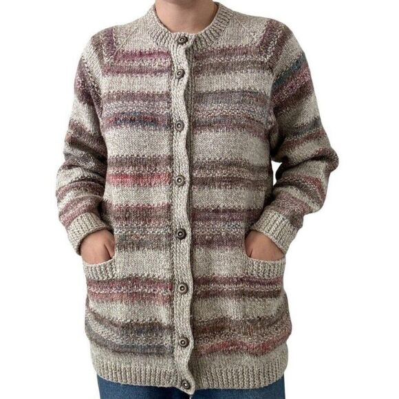 Hand Knit Womens Pastel 100% Wool Crew Neck Striped Hippie Rainbow Cardigan sz L - Picture 4 of 7